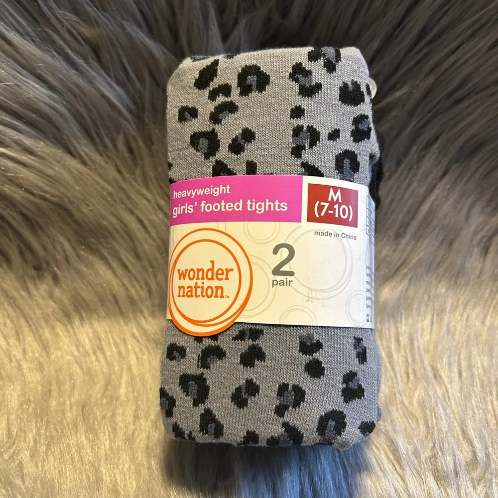 Wonder Nation Heavyweight Footed Tights Girls Size Medium Gray Leopard Black